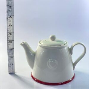 Vintage White Ceramic Teapot with Red Base Trim – Classic Minimal Design
