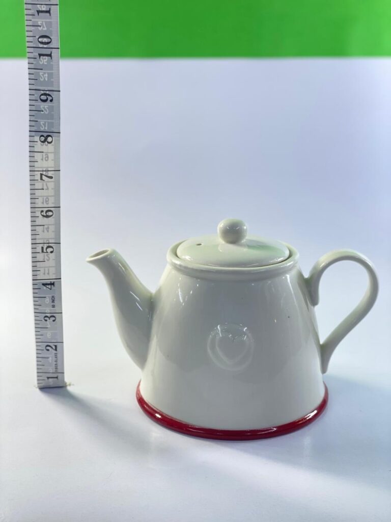 Vintage White Ceramic Teapot with Red Base Trim – Classic Minimal Design