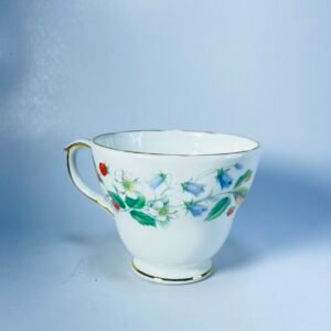 Vintage Floral Porcelain Teacup with Gold Trim – Blue & White Flowers