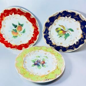 Vintage Porcelain Fruit Plates Set of 3 – Red, Blue & Green Gold Trim