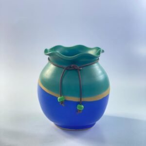 Vintage Two-Tone Ceramic Vase with Wavy Rim – Blue & Green