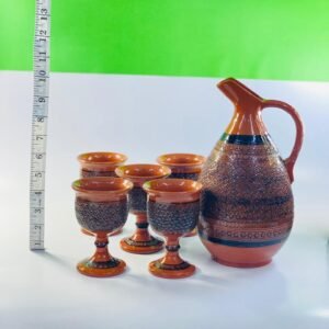 Vintage Rustic Pottery Jug & Goblet Set – Handcrafted Ceramic Wine Set (6 Pieces)