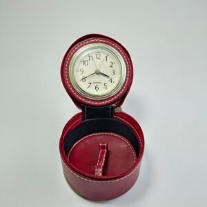 Vintage Red Leatherette Folding Travel Alarm Clock Case Jewelry Storage Box Quartz
