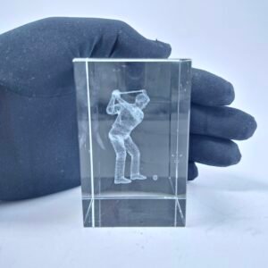 3D Laser Etched Crystal Glass Cube Paperweight Golfer Swing Sports Decor Gift