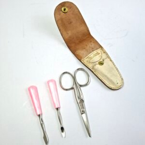 Vintage Manicure Set Real Leather Case Made in England Scissors Cuticle Tools Pink