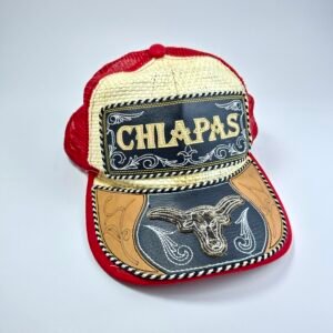 Chiapas Trucker Hat Red Straw Western Rodeo Bull Longhorn Cowhide Patch Cap
