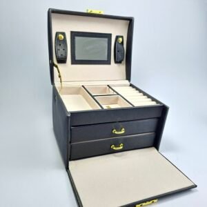 Black Leather Jewelry Box Organizer with Mirror, Lock, Key, and Multi-Tier Drawers