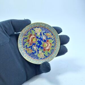 Vintage Cloisonne Enamel Mini Plate Dish Floral Blue Brass Asian Trinket Tray