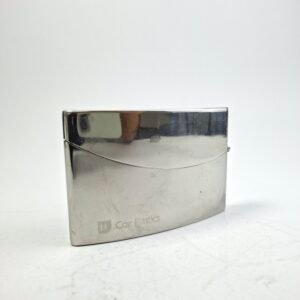 Vintage Silver Tone Metal Curved Cigarette Case Holder Cox Plastics Logo
